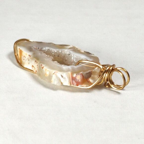 Gold Tone Wire Wrapped Agate Natural Raw Geode Druzy Sliced Stone Pendant Boho - Picture 10 of 16